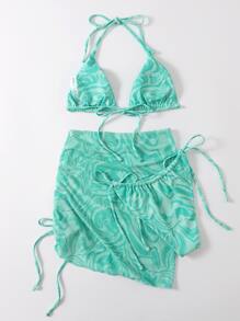 SHEIN Swim Summer 3packs Allover Print Triangle Bikini & Beach Skirt - Green - View 2