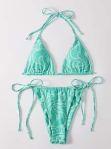 SHEIN Swim Summer 3packs Allover Print Triangle Bikini & Beach Skirt - Green - View 3