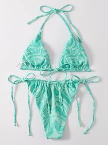 SHEIN Swim Summer 3packs Allover Print Triangle Bikini & Beach Skirt - Green - View 4