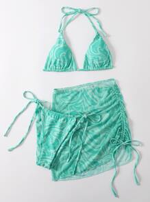 SHEIN Swim Summer 3packs Allover Print Triangle Bikini & Beach Skirt - Green - View 5