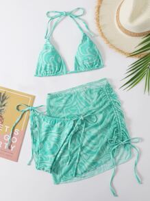 SHEIN Swim Summer 3packs Allover Print Triangle Bikini & Beach Skirt - Green - View 8
