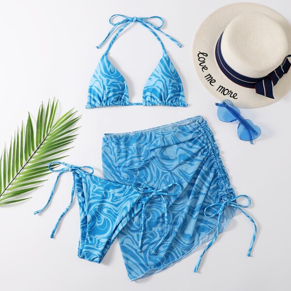 

3pack Allover Print Triangle Bikini Swimsuit & Beach Skirt, Blue