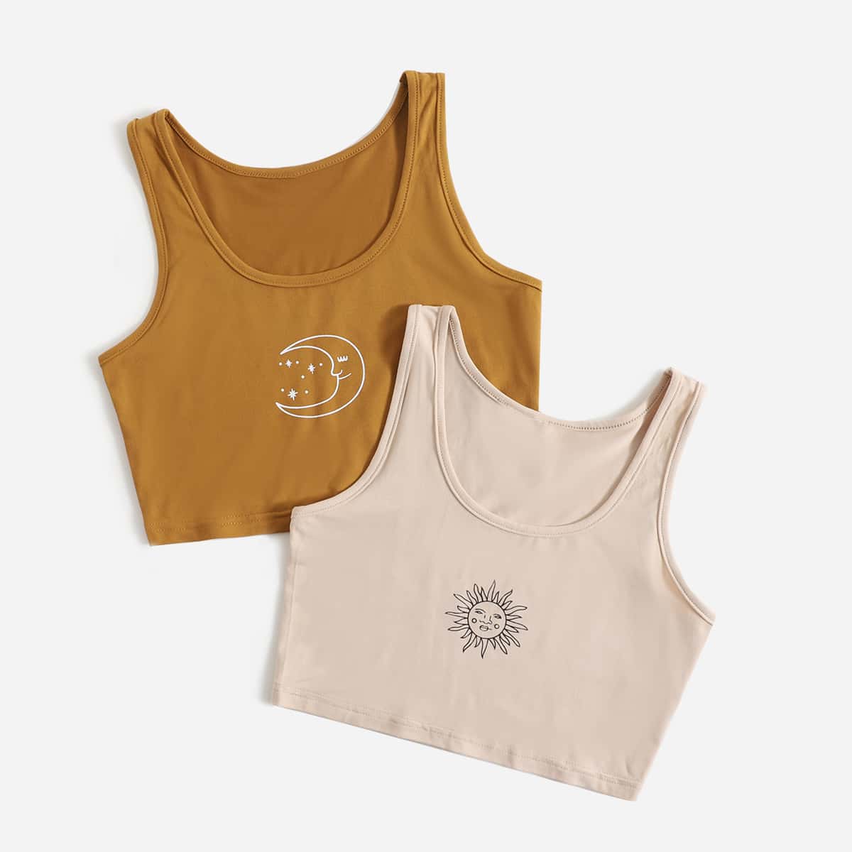 

1pc Sun Graphic Tank Top & 1pc Moon Graphic Tank Top, Multicolor