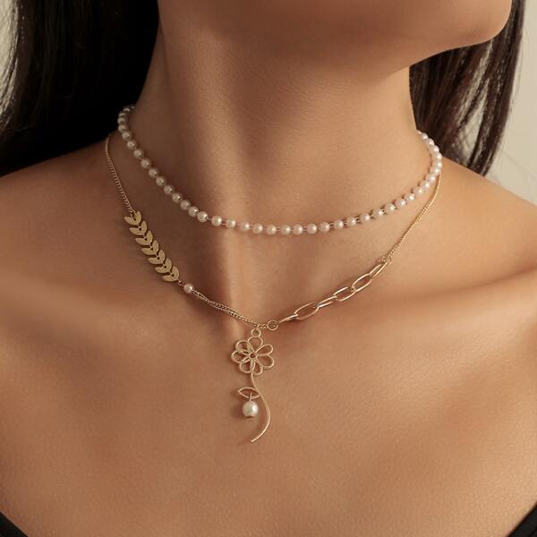 

Flower Charm Faux Pearl Beaded Layered Necklace, Gold