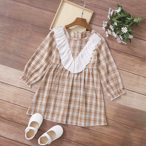 

Toddler Girls Plaid Pattern Contrast Lace Baby Doll Dress, Multicolor