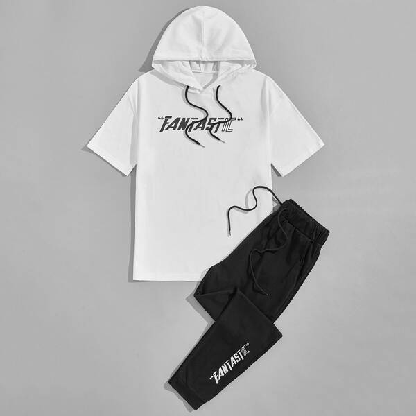 

Men Letter Graphic Drawstring Hooded Tee With Sweatpants, Black and white