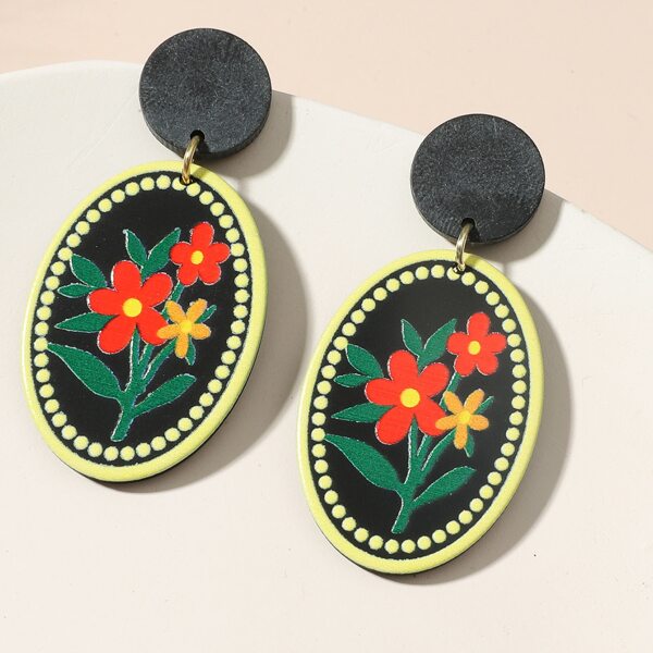 

Flower Pattern Oval Drop Earrings, Black