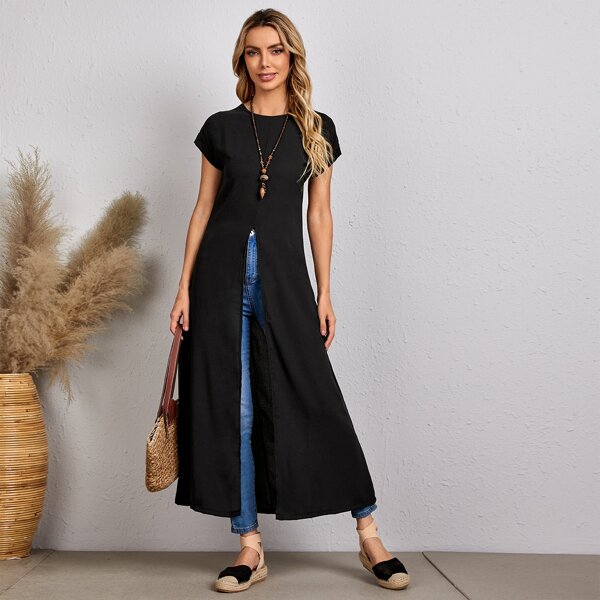 

Solid Split Front Longline Blouse, Black