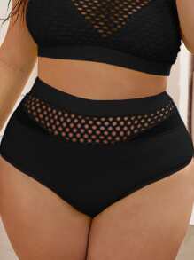 Plus Cut-Out High Waisted Bikini Bottom, For Summer Beach Vacation - Black - View 1