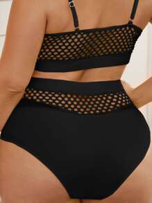 Plus Cut-Out High Waisted Bikini Bottom, For Summer Beach Vacation - Black - View 2