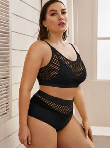 Plus Cut-Out High Waisted Bikini Bottom, For Summer Beach Vacation - Black - View 3