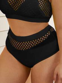 Plus Cut-Out High Waisted Bikini Bottom, For Summer Beach Vacation - Black - View 4