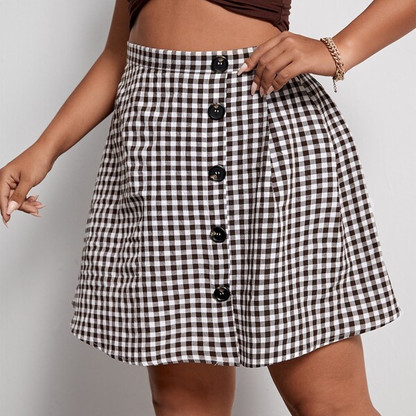 

Plus Gingham Print Button Front Skirt, Multicolor