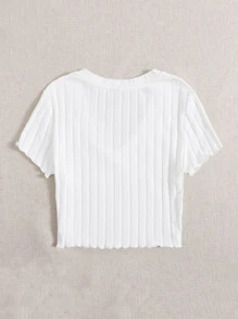 SHEIN EZwear V-neck Lettuce Trim Rib-knit Tee - White - View 2