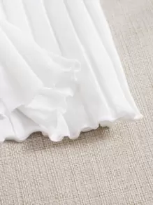 SHEIN EZwear V-neck Lettuce Trim Rib-knit Tee - White - View 4