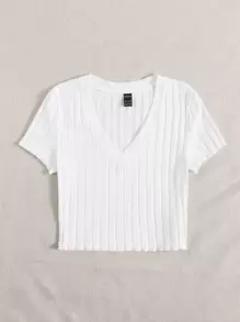 SHEIN EZwear V-neck Lettuce Trim Rib-knit Tee - White - View 5