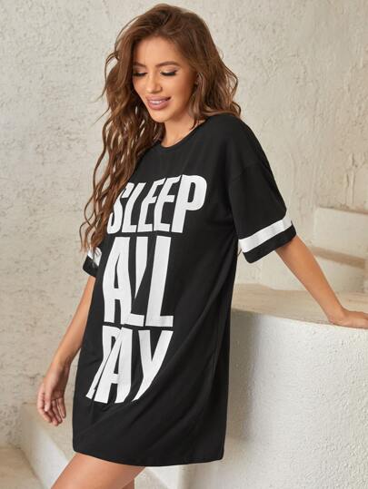 Slogan Graphic Contrast Panel Sleep Dress Pajama
