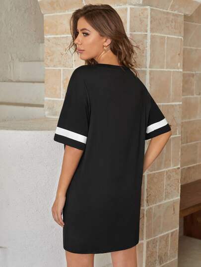 Slogan Graphic Contrast Panel Sleep Dress Pajama view 2