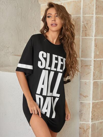 Slogan Graphic Contrast Panel Sleep Dress Pajama view 3