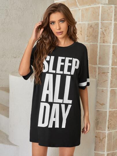 Slogan Graphic Contrast Panel Sleep Dress Pajama view 4