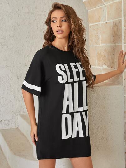 Slogan Graphic Contrast Panel Sleep Dress Pajama view 5