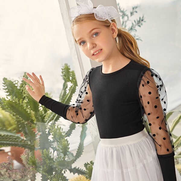 

Girls Contrast Dobby Mesh Tee, Black