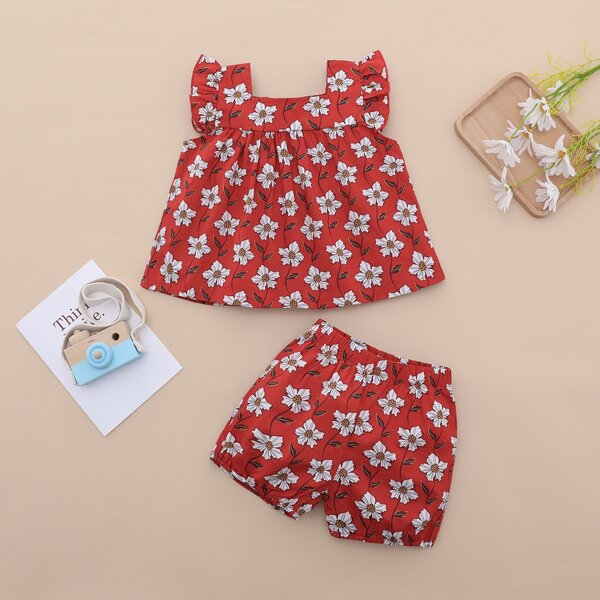 

Baby Girl Allover Floral Top & Shorts, Red
