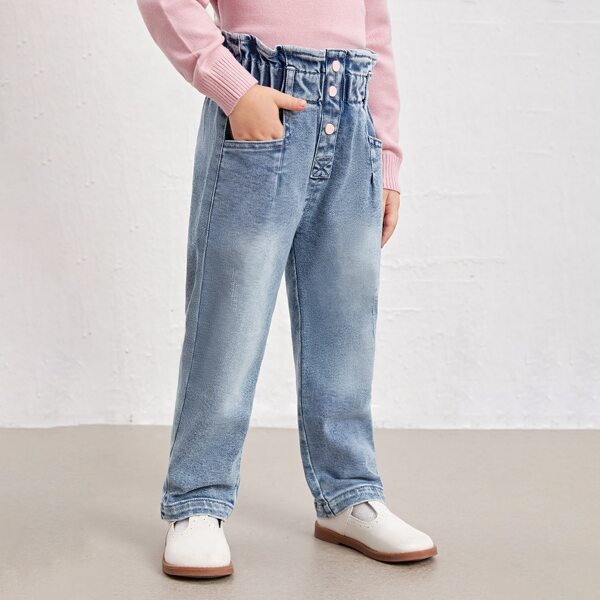 

Toddler Girls Stone Wash Paperbag Waist Jeans, Light wash
