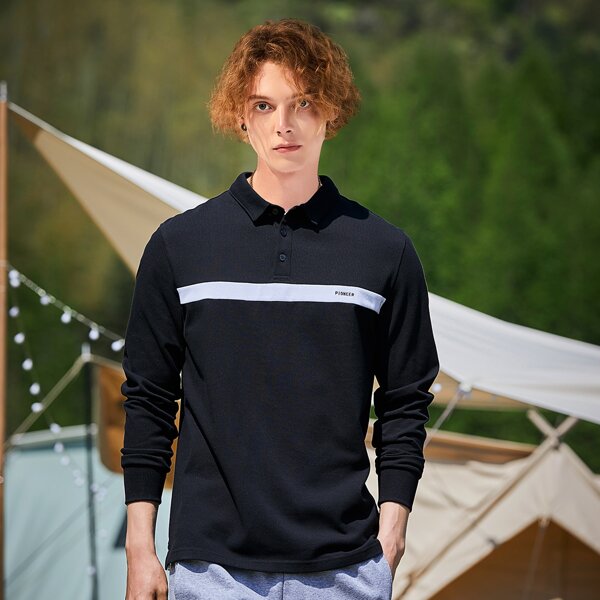 

Men Embroidery Letter Colorblock Polo Shirt, Black