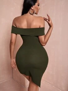 SHEIN Tall Off Shoulder Asymmetrical Hem Bodycon Dress - Army Green - View 2