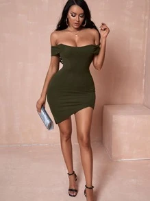 SHEIN Tall Off Shoulder Asymmetrical Hem Bodycon Dress - Army Green - View 4
