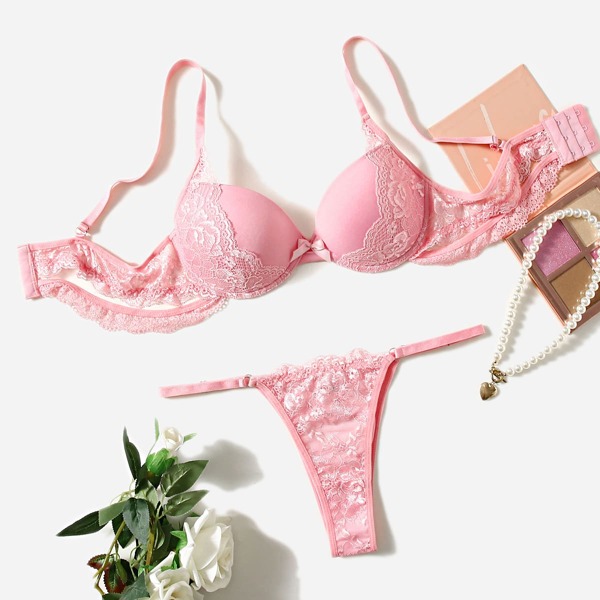 

Contrast Lace Underwire Lingerie Set, Pink