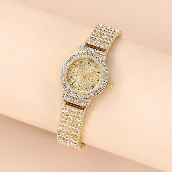 

Rhinestone Decor Round Pointer Quartz Watch