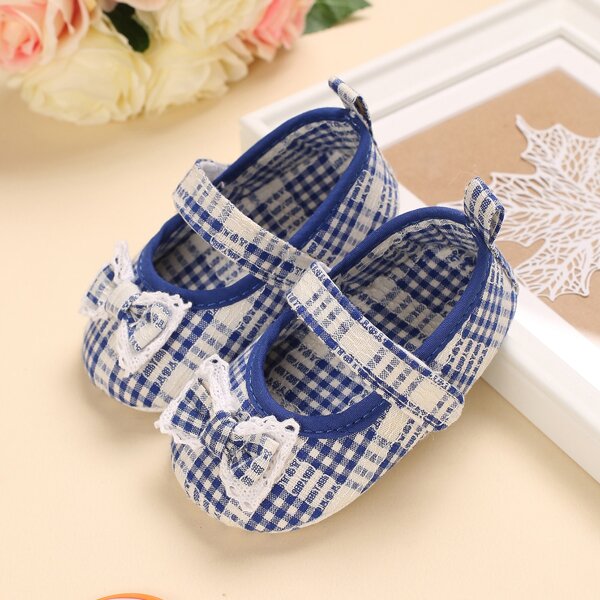 

Baby Girl Gingham Pattern Bow Decor Flats, Blue and white