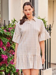 SHEIN Unity Plus Plaid Print Flounce Sleeve Ruffle Hem Dress - Multicolor - View 1