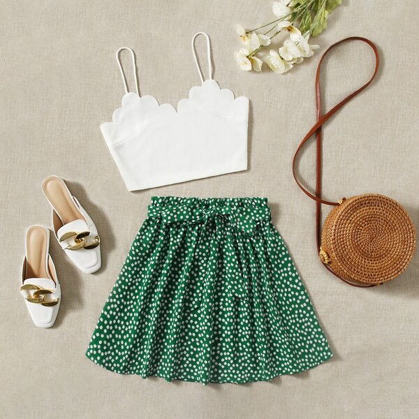 

Scallop Cami Crop Top & Allover Floral Print Belted Skirt Set, Multicolor