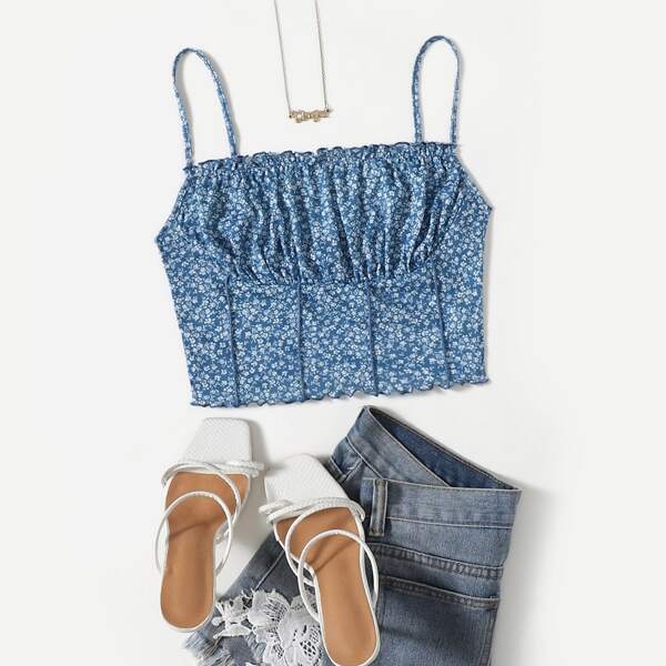 

Allover Floral Print Ruched Bust Stitch Trim Cami Crop Top, Blue