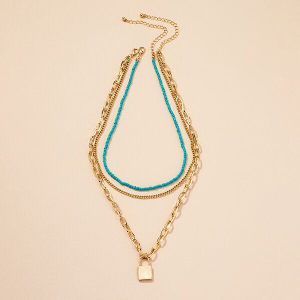 

2pcs Lock Pendant Necklace, Gold