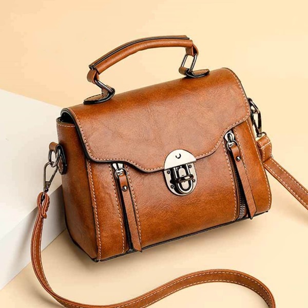 

Stitch Trim Twist Lock Satchel Bag, Brown