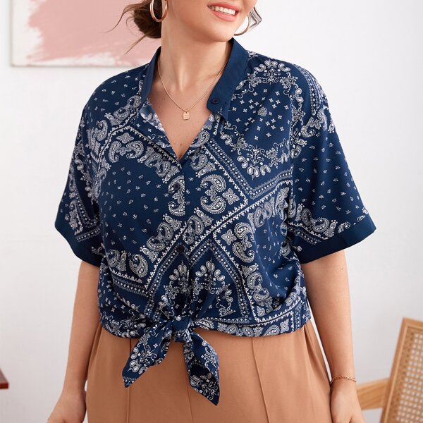 

Plus Scarf Print Button Up Blouse, Navy blue