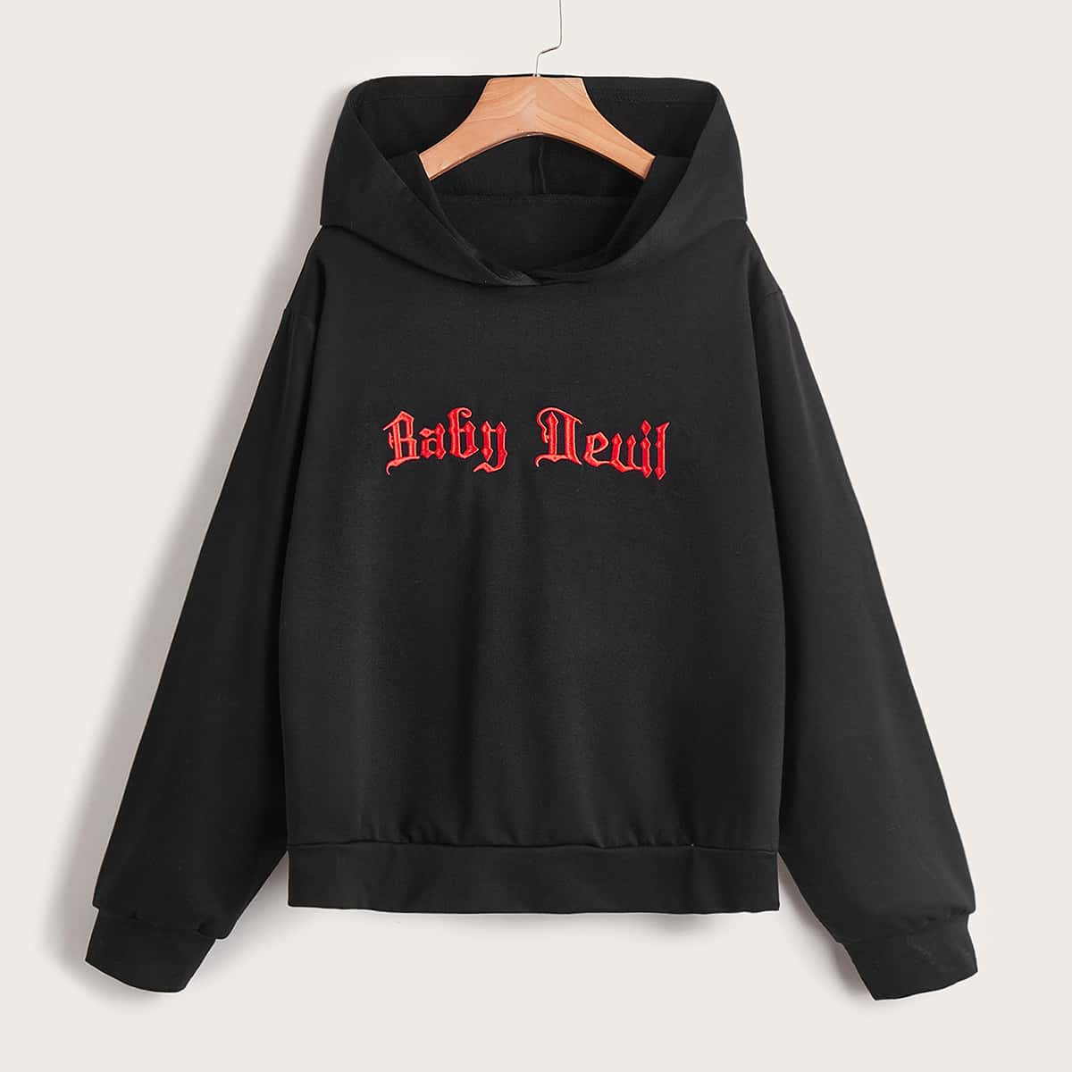 

Letter Embroidery Hoodie, Black