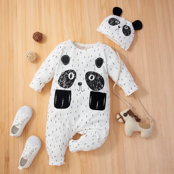 

Baby Cartoon Graphic Pocket Patched Jumpsuit With Hat, White