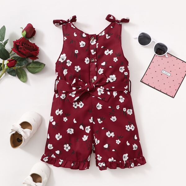 

Baby Girl Floral Bow Shoulder Romper, Burgundy
