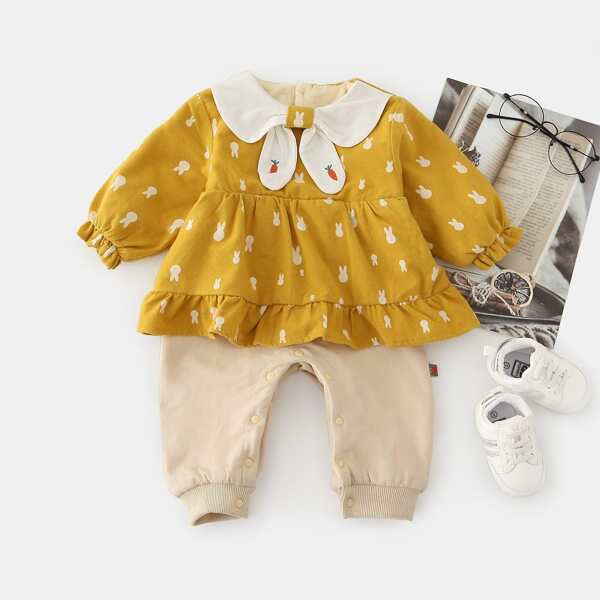 

Baby Girl Contrast Collar Cartoon Graphic Thermal Lined Jumpsuit, Yellow