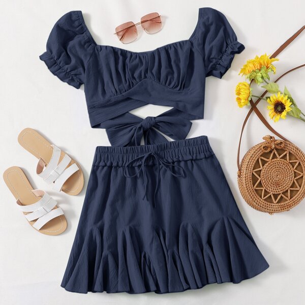 

Ruched Bust Cross Wrap Tie Back Crop Top & Godet Hem Skirt Set, Navy blue