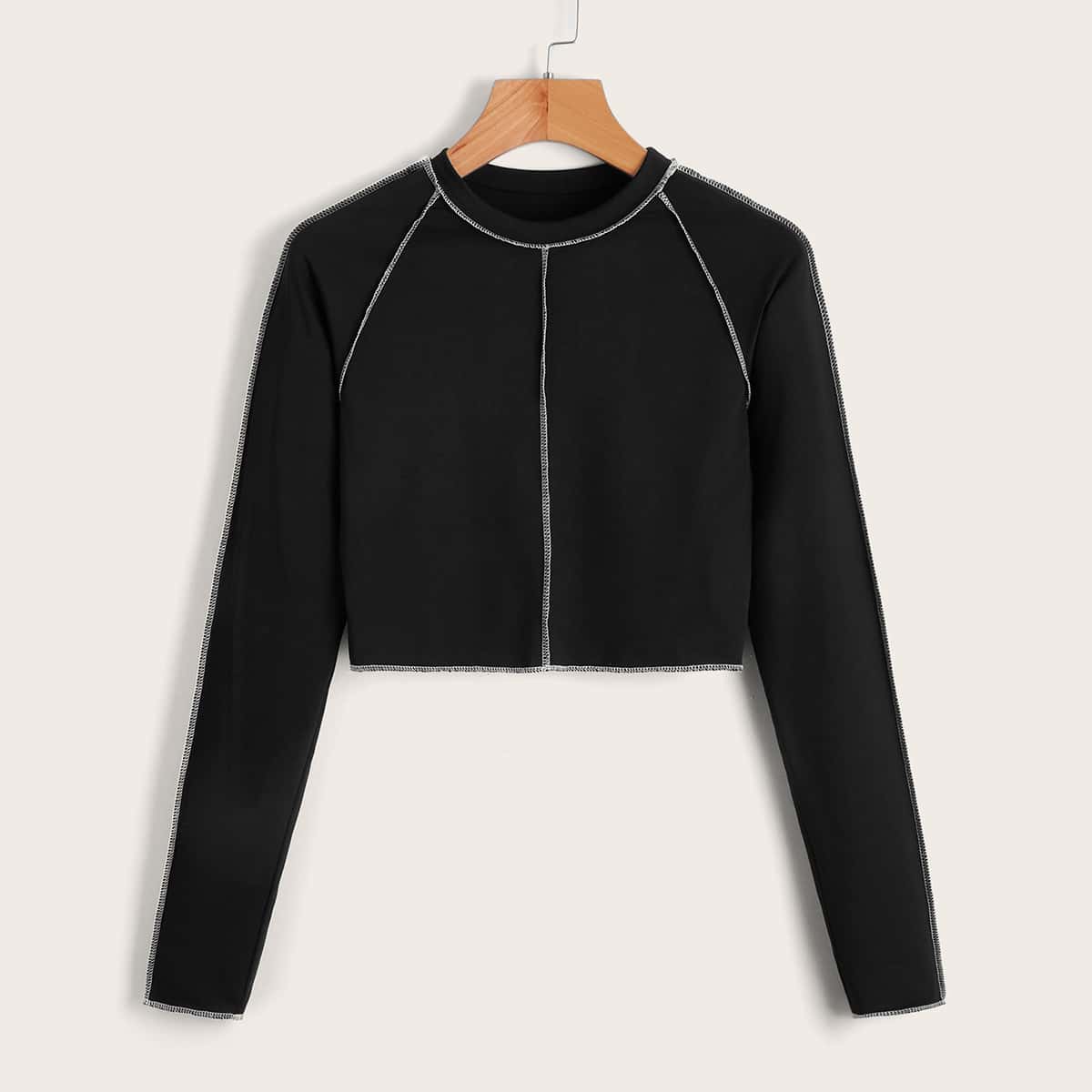 

Solid Stitching Trim Crop Tee, Black