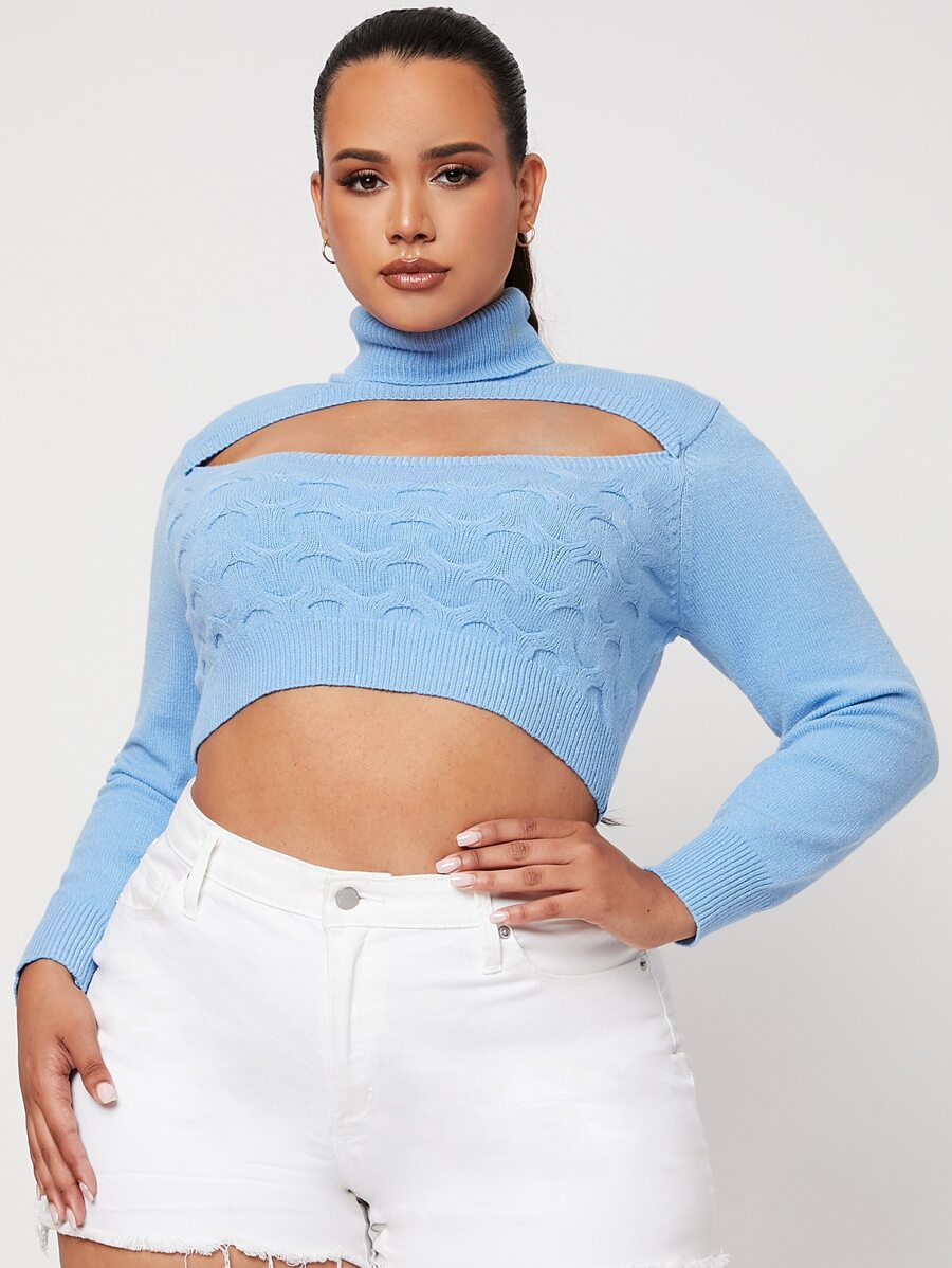 SHEIN Unity Plus Turtleneck Peekaboo Front Crop Jumper - Blue - View 1
