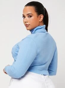 SHEIN Unity Plus Turtleneck Peekaboo Front Crop Jumper - Blue - View 2
