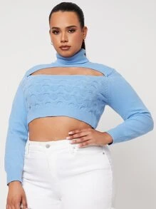 SHEIN Unity Plus Turtleneck Peekaboo Front Crop Jumper - Blue - View 3