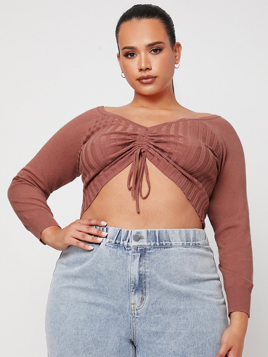 SHEIN SXY 大碼條紋針織抽繩前收褶短款毛衣 - 鏽棕色 - 查看 1